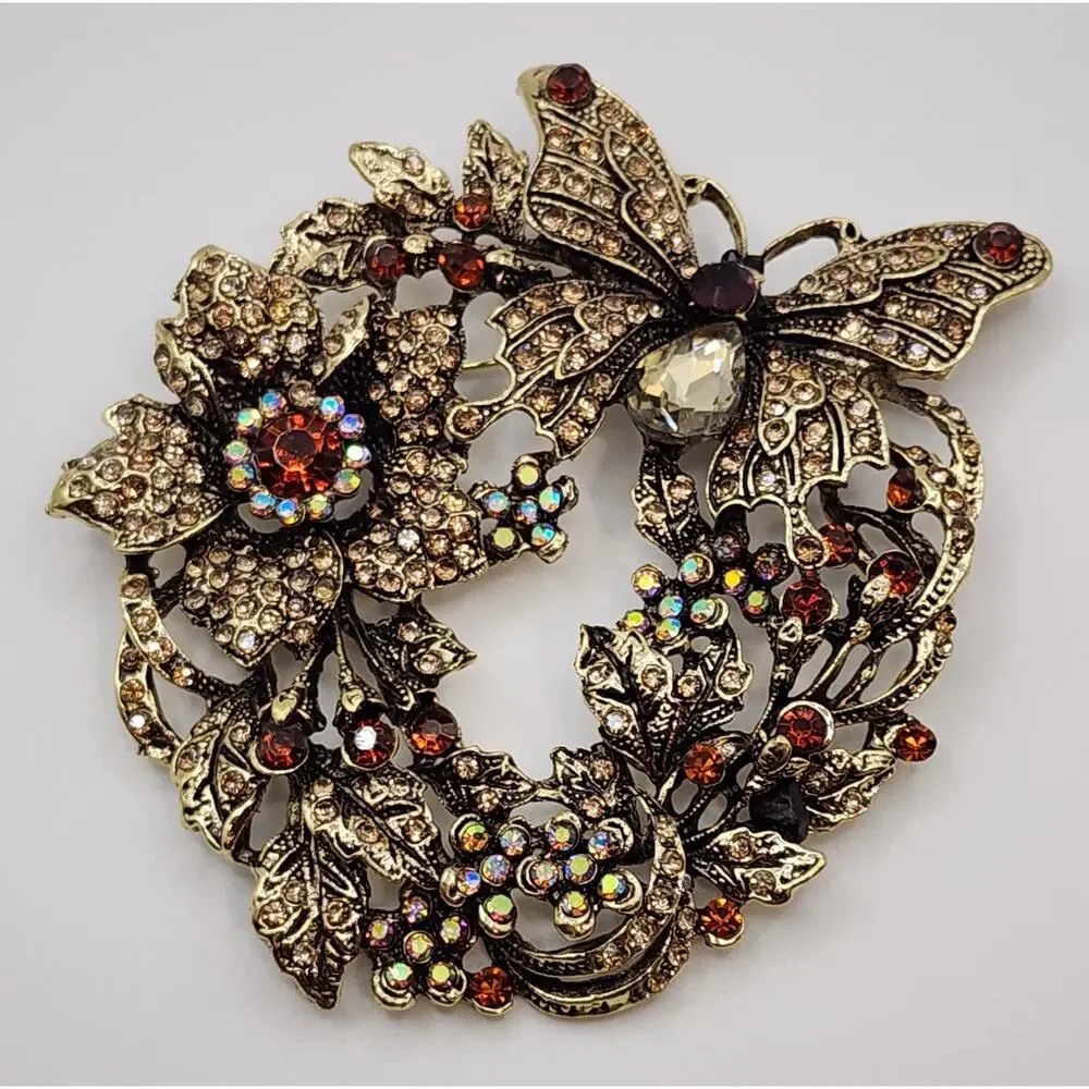 Butterfly Floral Wreath Brooch Amber Brown Faux Jewel Rhinestone Statement